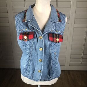 Vtg City Girl Sport Denim Jean Vest Top 12 Chambray Tartan Plaid